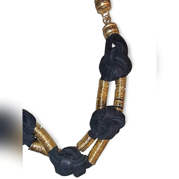 Artizan By Keren Gold Tone & Black Leather Knotted Necklace - Picture 4 of 9